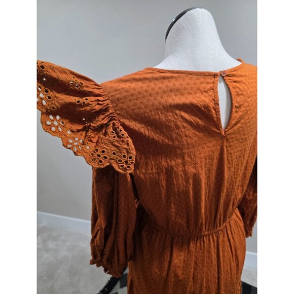Rust Orange Long-Sleeve Textured Dress W/Eyelet Detailing & Elastic Waist By Uni - Picture 12 of 13